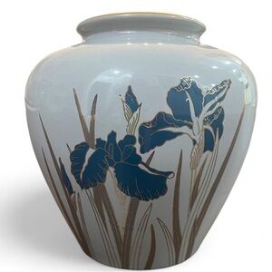 Vintage Otagiri Japan Blue Iris Vase 22K Gold Hand Painted Porcelain Vase